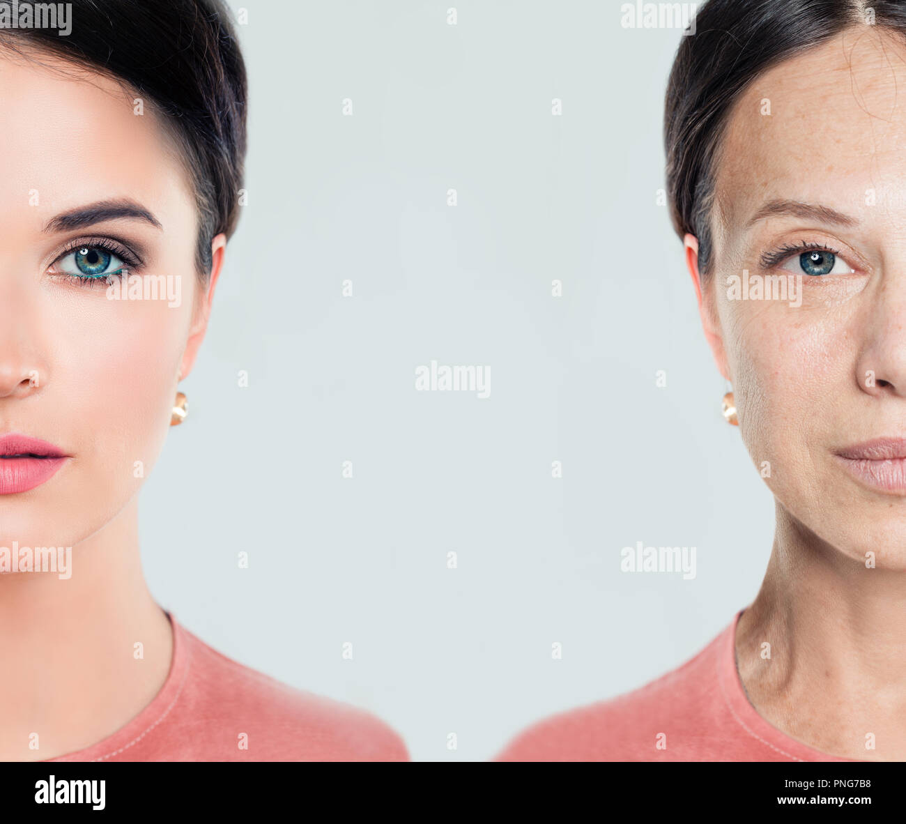 Aging and youth female face. Woman, beauty treatment and lifting. Before and after, youth and old age. Process of aging and rejuvenation Stock Photo