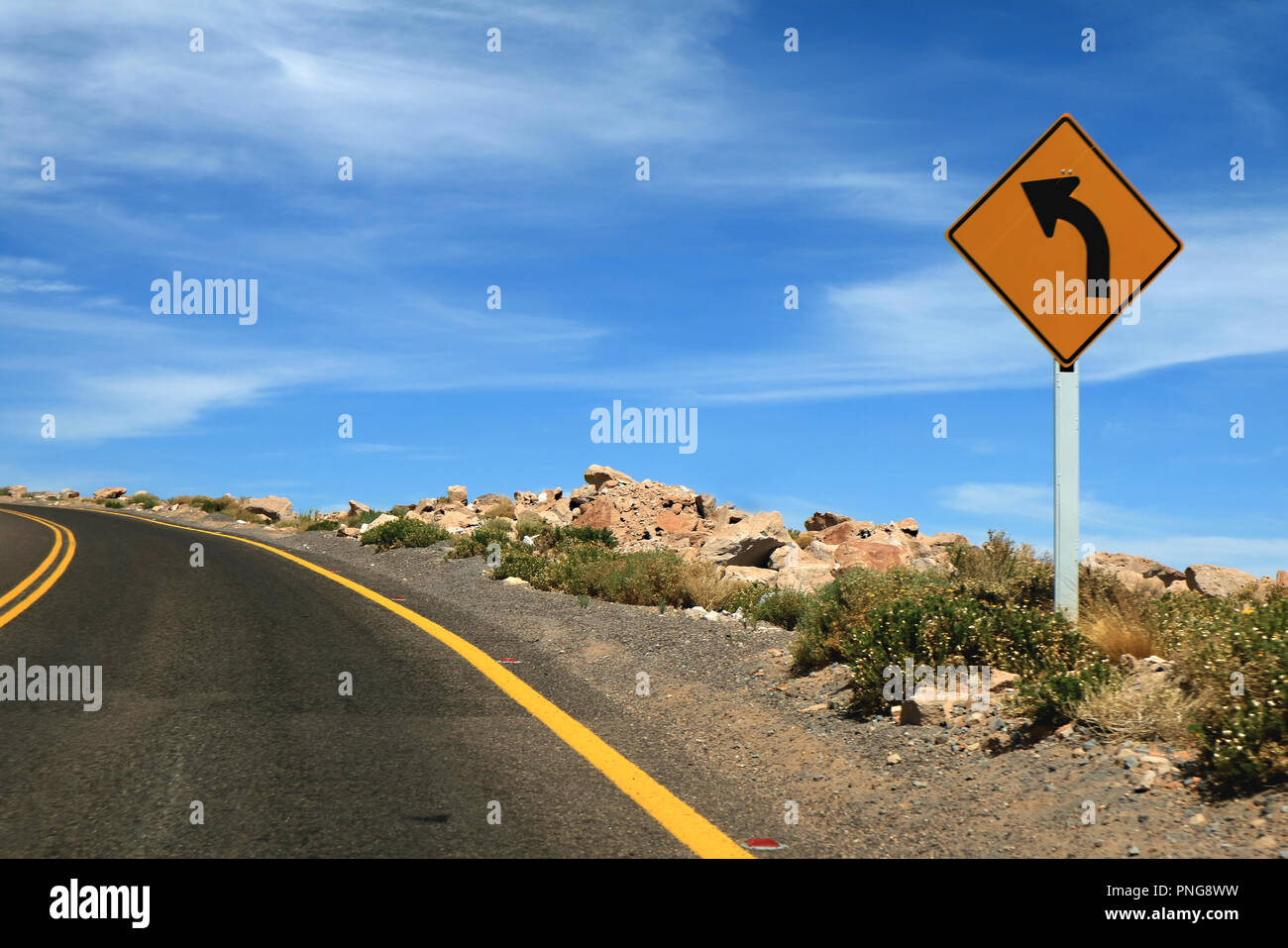 Traffic Sign on the Road to the Altiplanic Lagoons of Atacama Desert, Northern Chile, South America Stock Photo