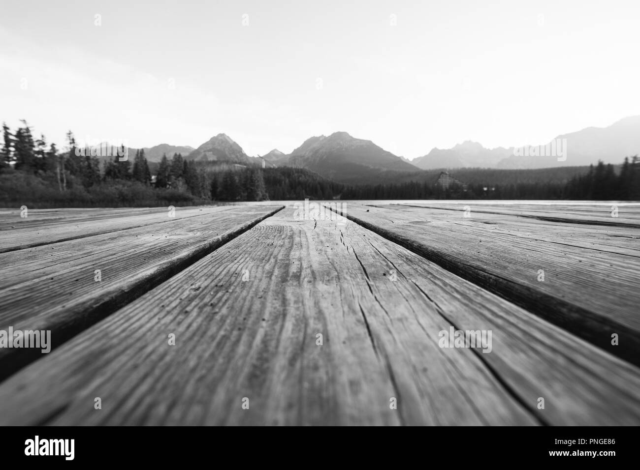Forest Alpine mountain lake and wooden board background Stock Photo - Alamy