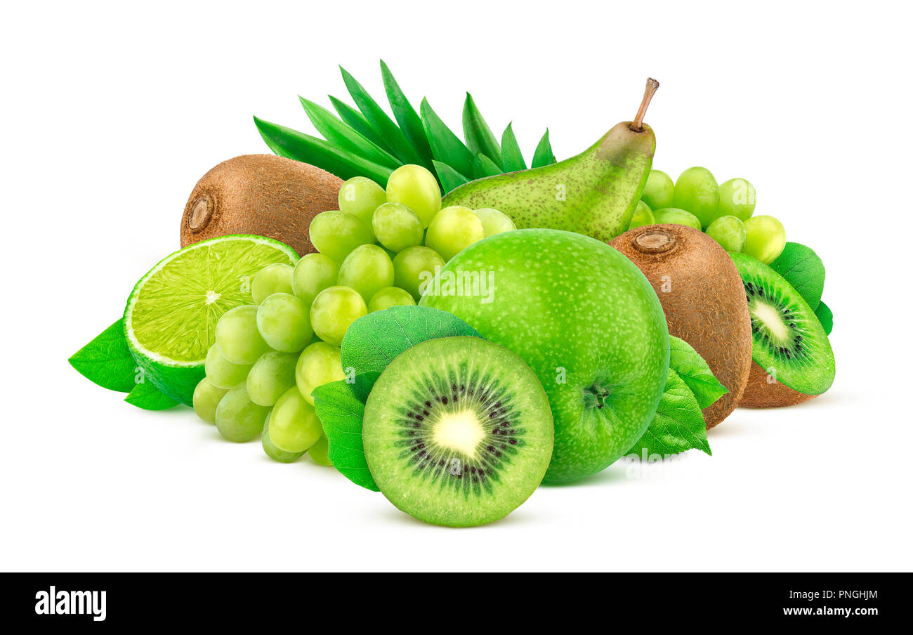 Heap of green fruits and berries isolated on white background with clipping path Stock Photo