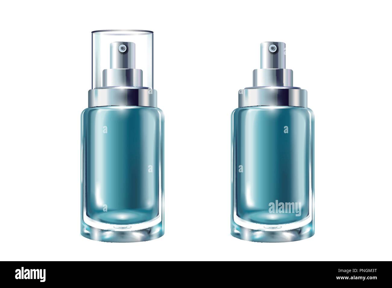 Blue cosmetic containers set, spray bottles in 3d illustration on white ...