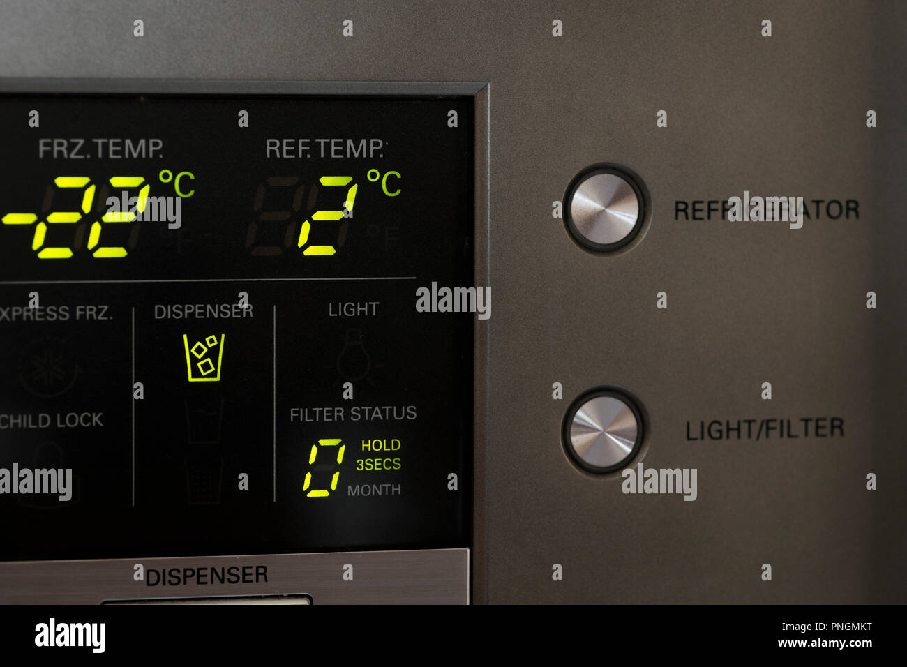 Fridge Digital Control Panel with temperature in degree celsuis of the freezer and fridge itslef (focus on 2) Stock Photo