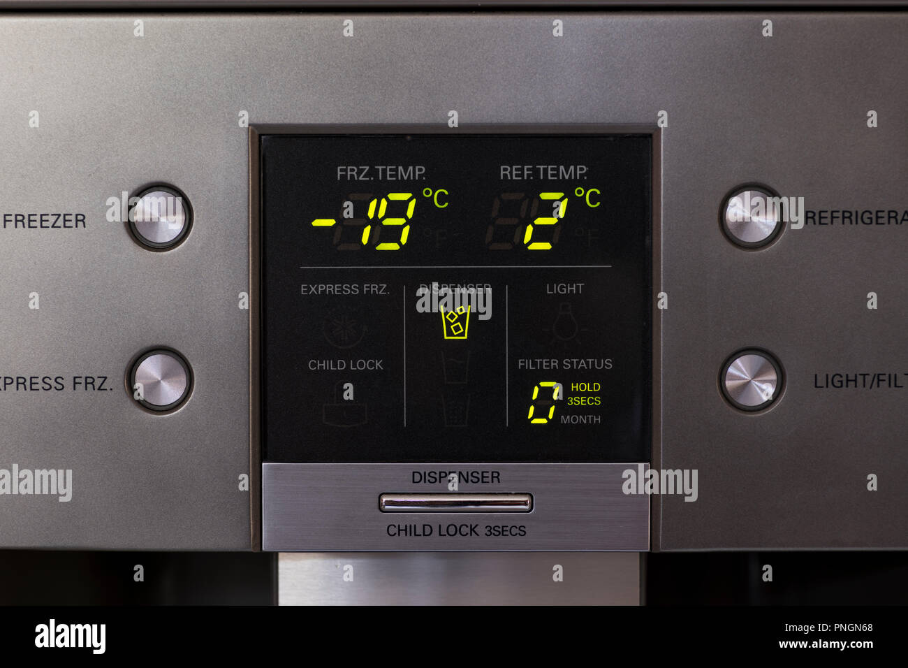 Fridge Digital Control Panel with temperature in degree celsuis of the freezer (-22) and fridge itslef (+2) Stock Photo