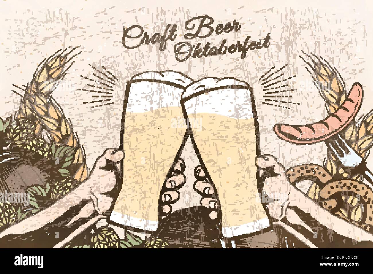 Oktoberfest celebration design in engraved style, hands holding beer