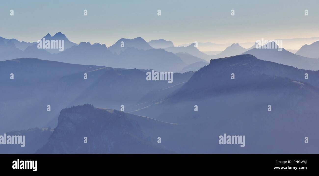 Mountain Ranges in the Bernese Oberland. View from Mount Niesen, Switzerland. Stock Photo