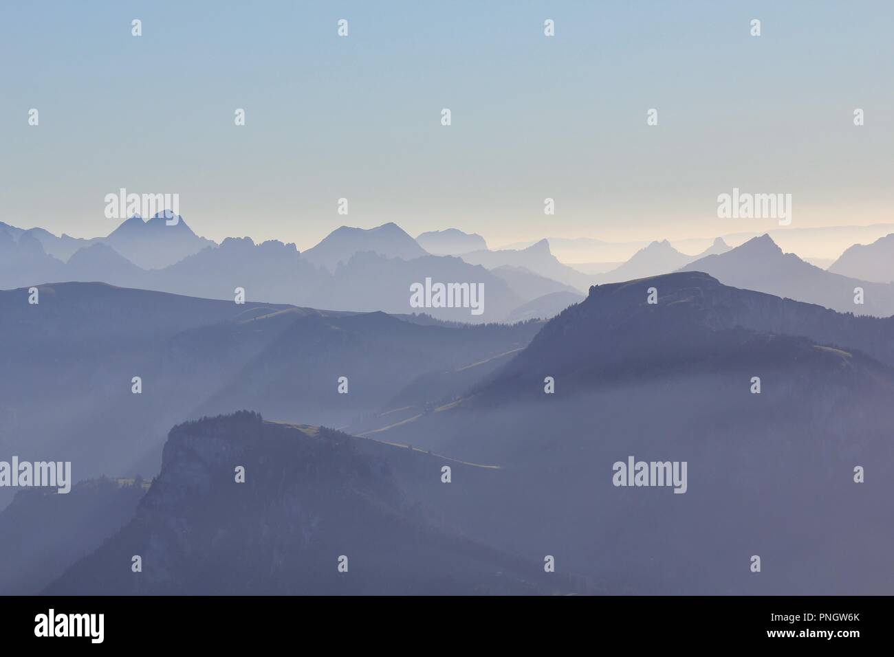 Mountain ranges seen from Mount Niesen, Bernese Oberland. Switzerland. Stock Photo
