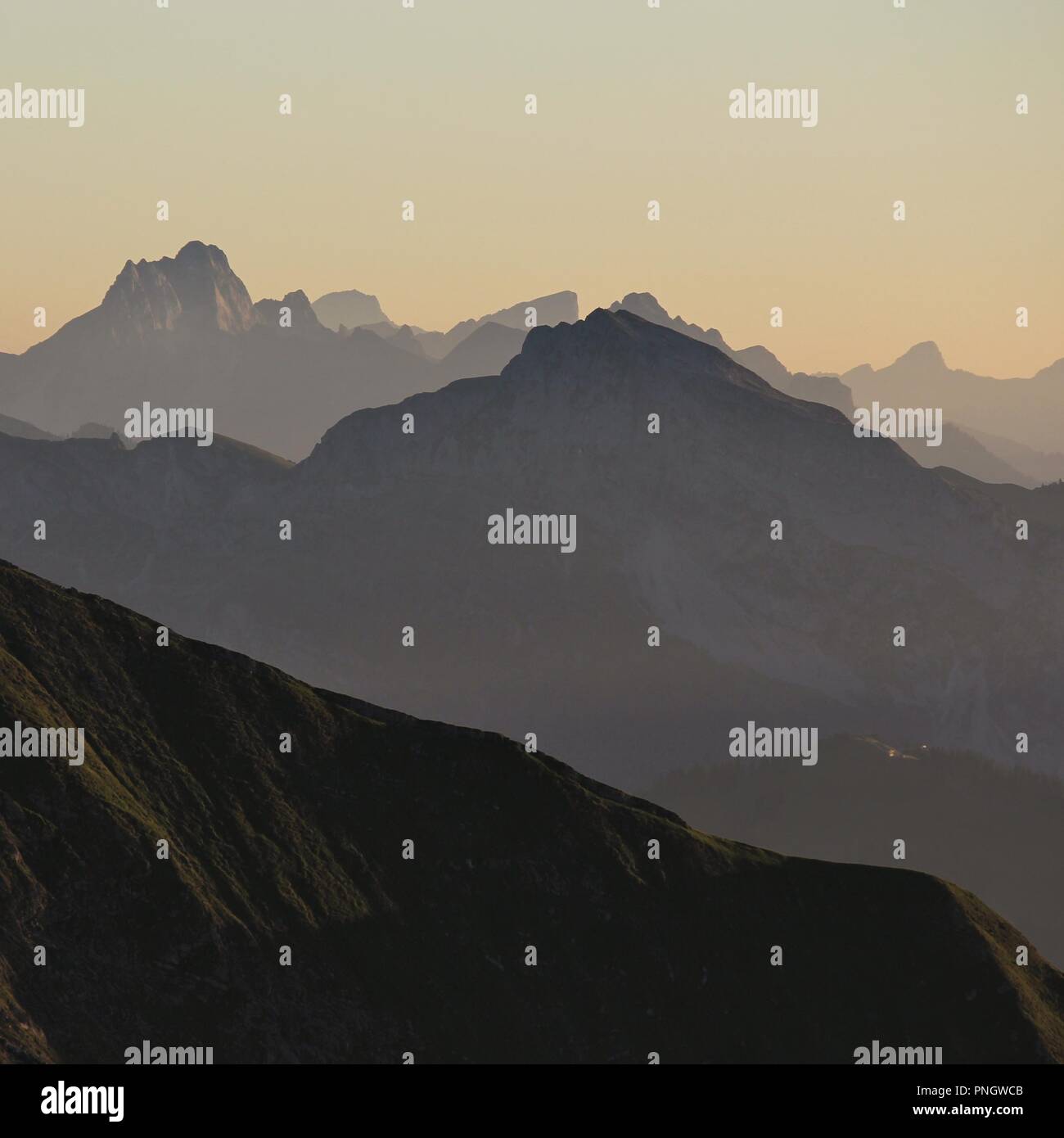 Evening scene in the Bernese Oberland, view from Mount Niesen, Switzerland. Stock Photo