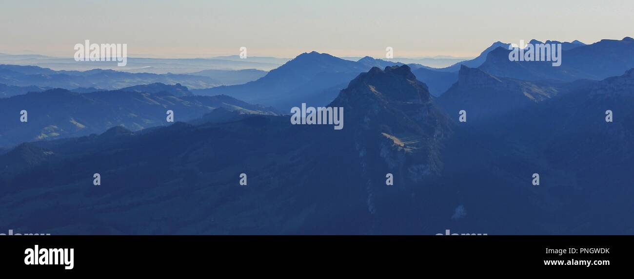Mount Sigriswiler Rothorn at sunrise. View from Mount Niesen, Bernese Oberland. Stock Photo