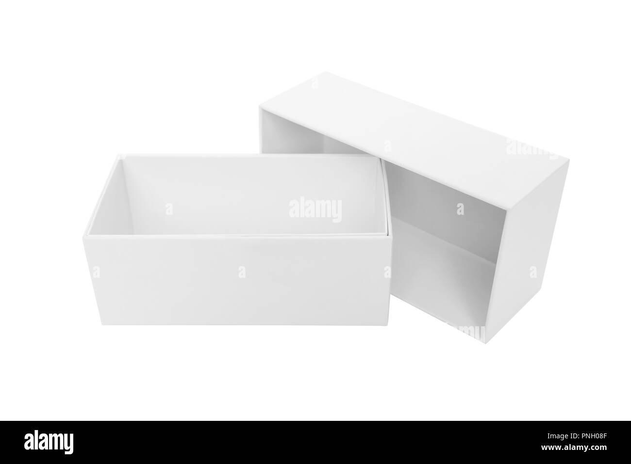 White box with an open lid on a white background. Stock Photo