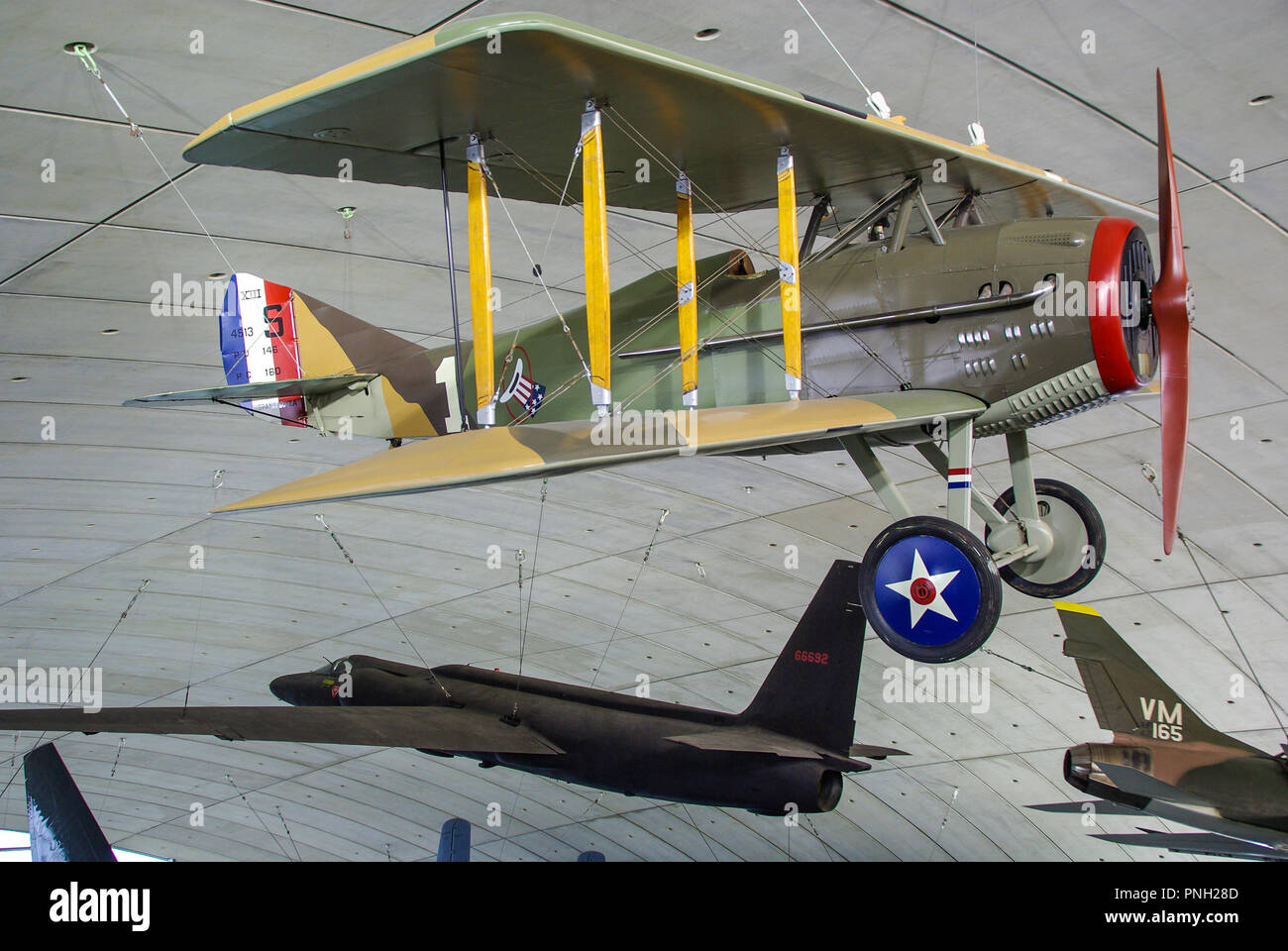 SPAD S.XIII French biplane fighter aircraft of the First World War, by Société Pour L'Aviation et ses Dérivés (SPAD). In American Air Museum with U-2 Stock Photo