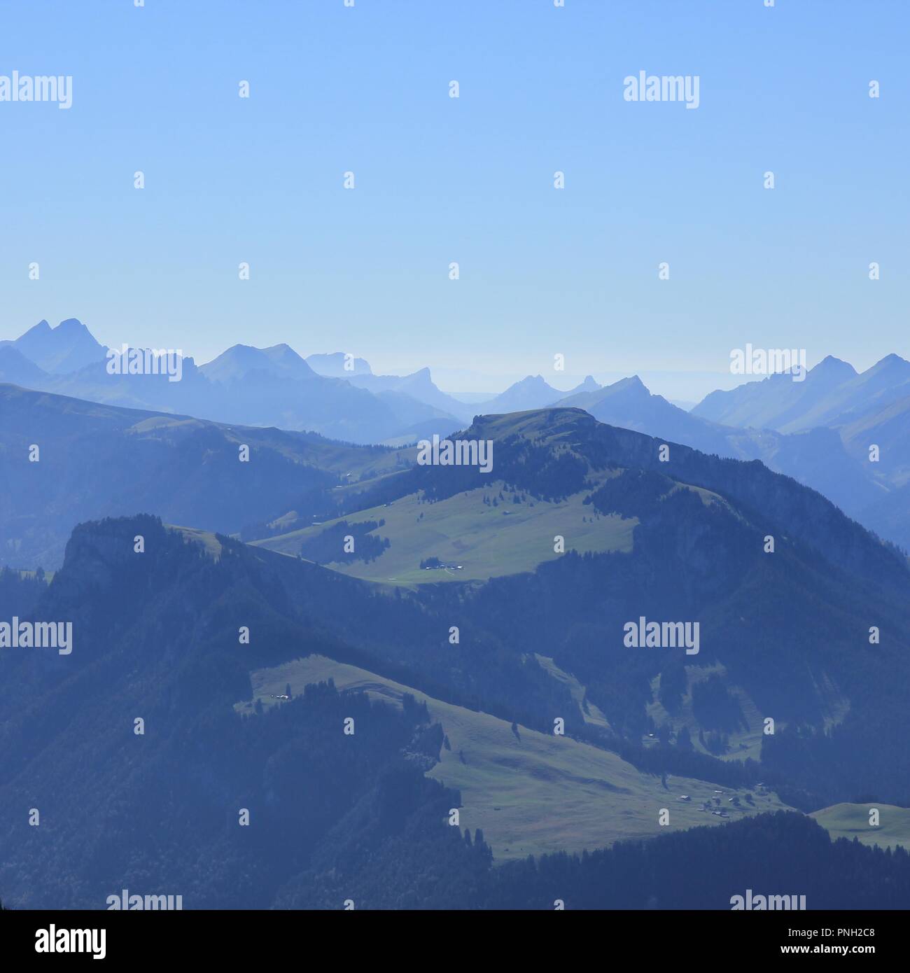 Wiriehore and other mountains in the Bernese Oberland. Stunning view from Mount Niesen. Switzerland. Stock Photo