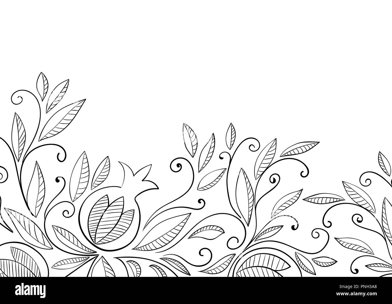 Pomegranate background. Black and white linear vector illustration. Adult coloring page. Stock Vector