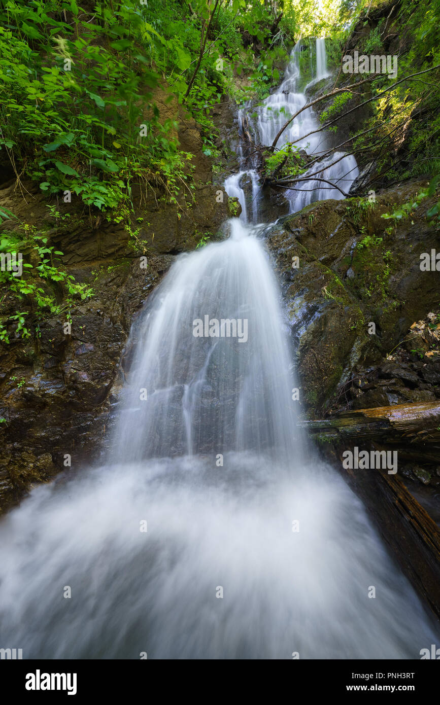 Waterfalls on the river in summer with long exposure, Sakhalin Island, Russia Stock Photo