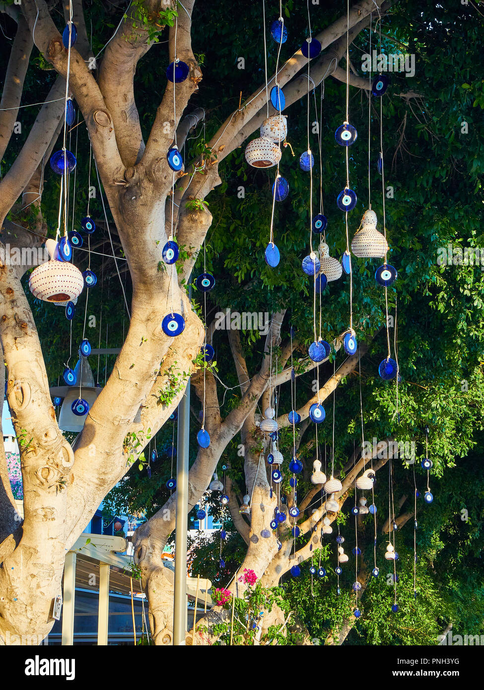 A lot of Nazar boncugu, a Turkish eye-shaped amulet hanging from the branches of a tree. Turkey. Stock Photo