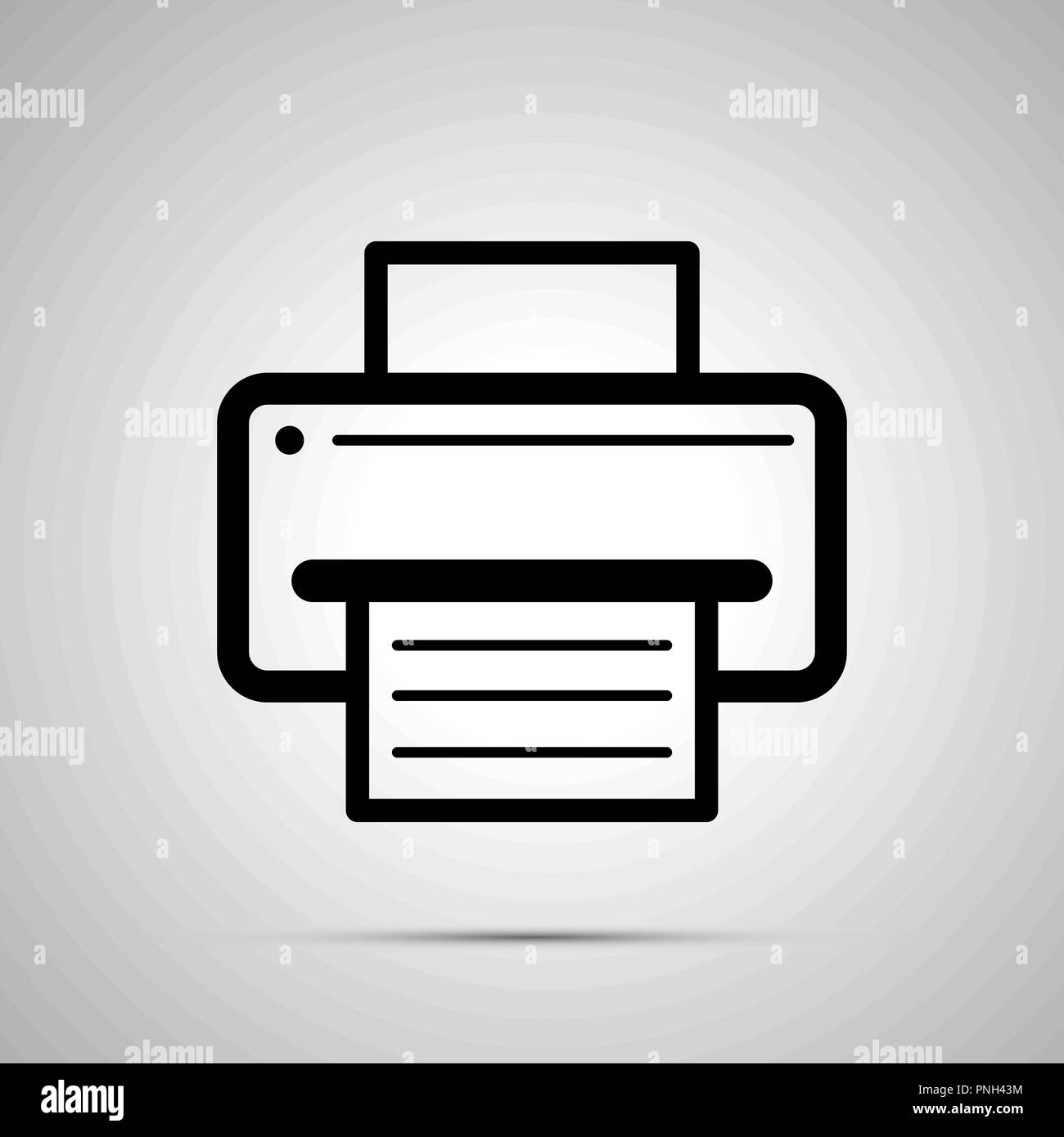 Printer symbol with sheet of paper with text, simple black icon with