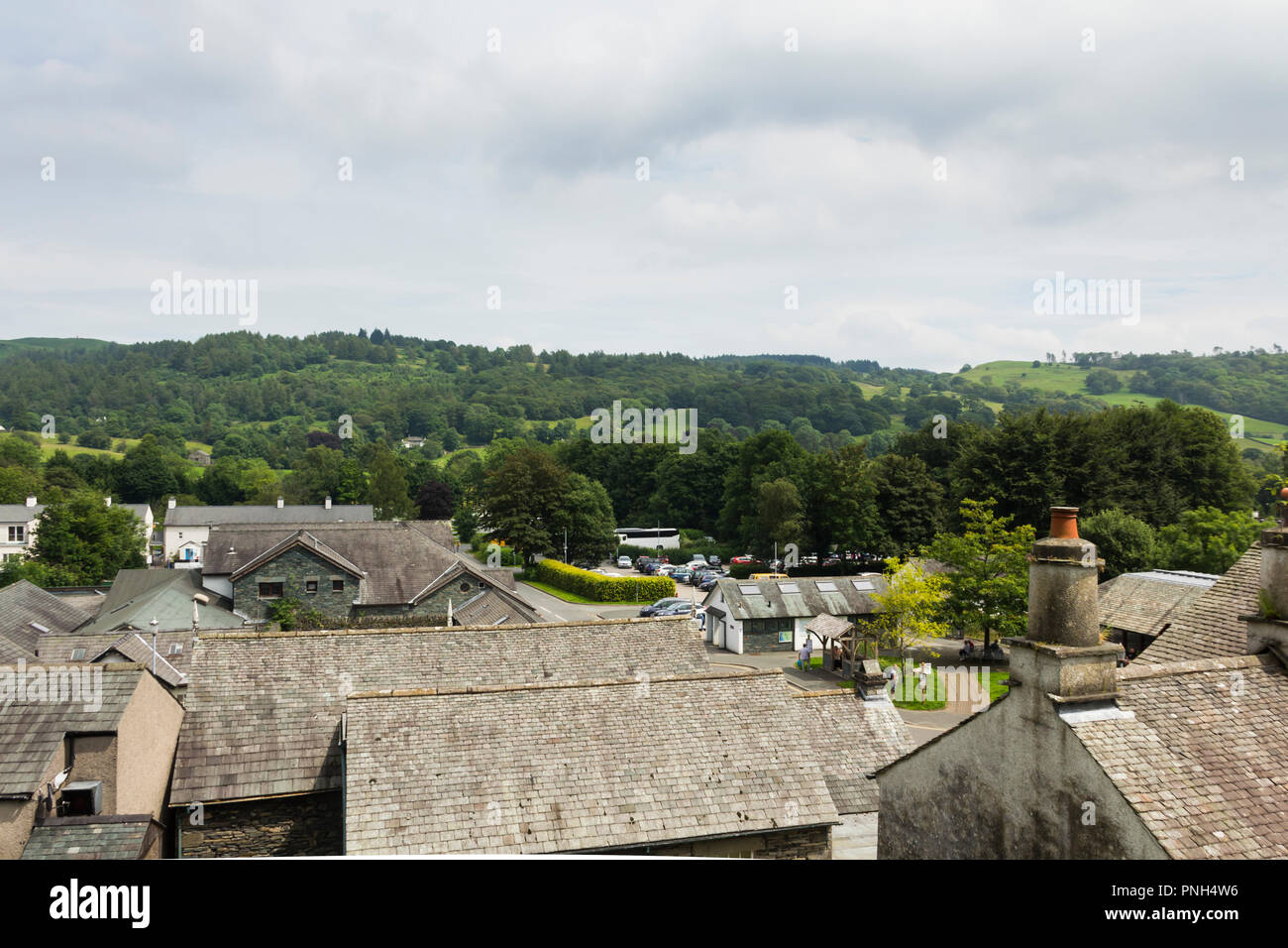 Rooftops of the village of Hawkshead in Cumbria, looking west from the mount of St. Michael and All Angels church. Stock Photo