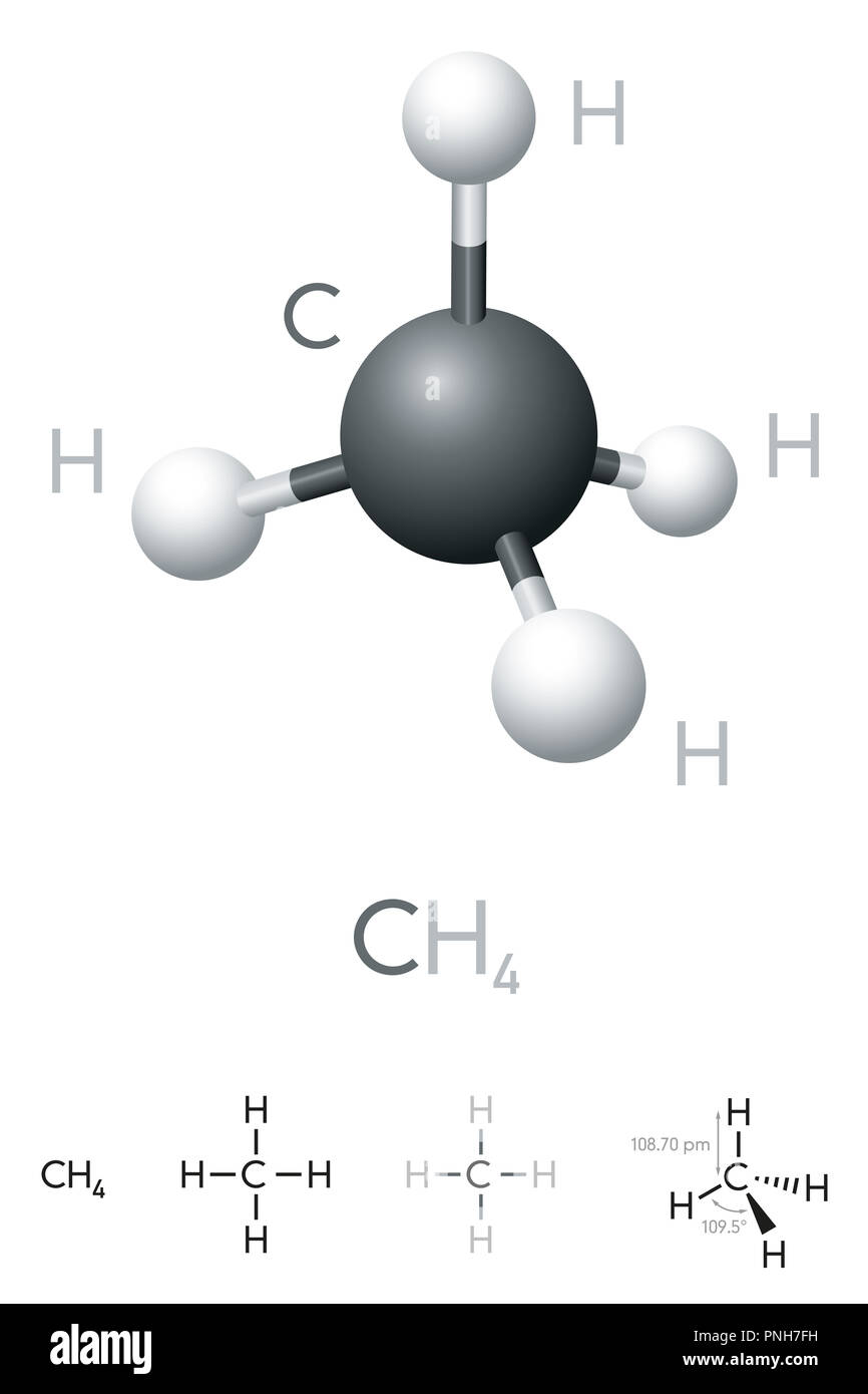 Methane, CH4, molecule model and chemical formula. Chemical compound. Marsh gas. Natural gas. Ball-and-stick model, geometric structure and formula. Stock Photo