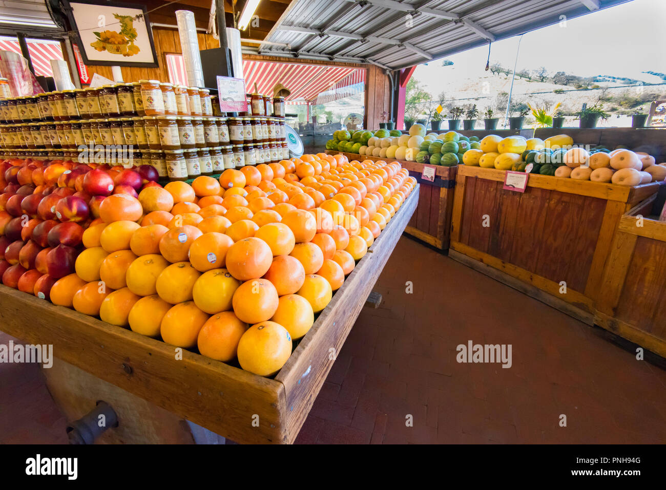 Fruit and vegetables stacked for sale at the Casa De Fruta roadside centre in the Pacheco Valley of Northern California, along State Route 152, CA USA Stock Photo