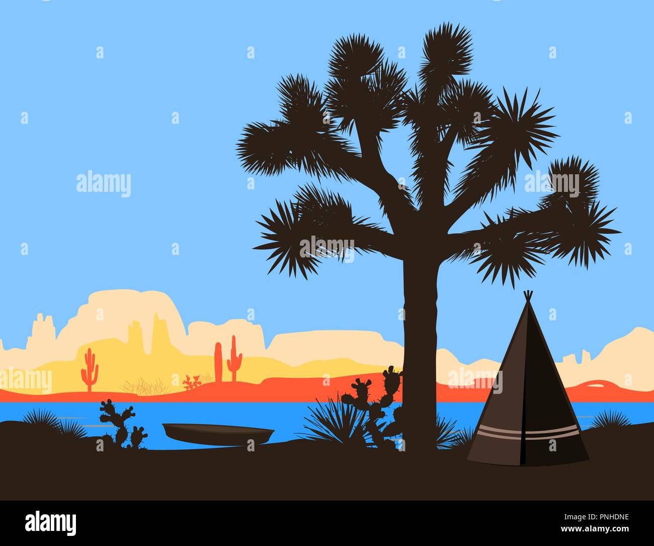 The boat on the river shore near the american Indian wigwam and Joshua tree. Vector illustration, mountains silhouette background Stock Vector