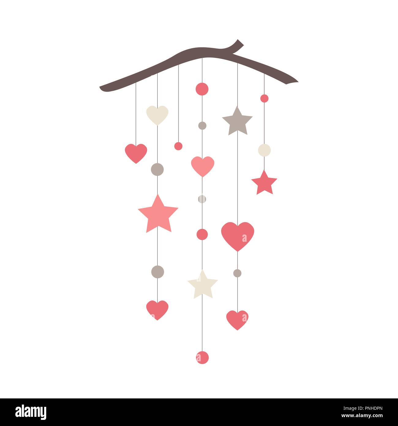 Elegant wall hanging banner with stars, hearts, and circles. Everyday or Valentine day vector decoration. Cute interior decor from wood, rope, and pap Stock Vector