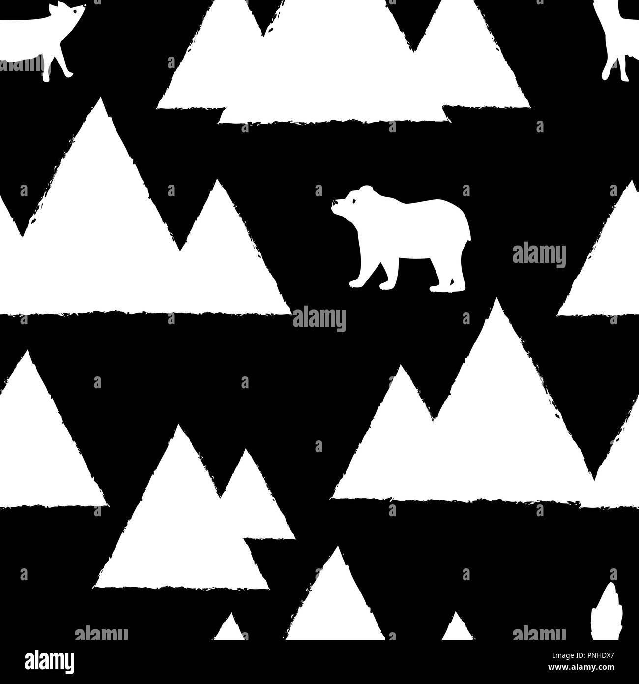 Polar white bears and foxes with triangle abstract mountains. Cute seamless pattern for christmas card, holiday wrapping paper, textile fabric, wallpa Stock Vector