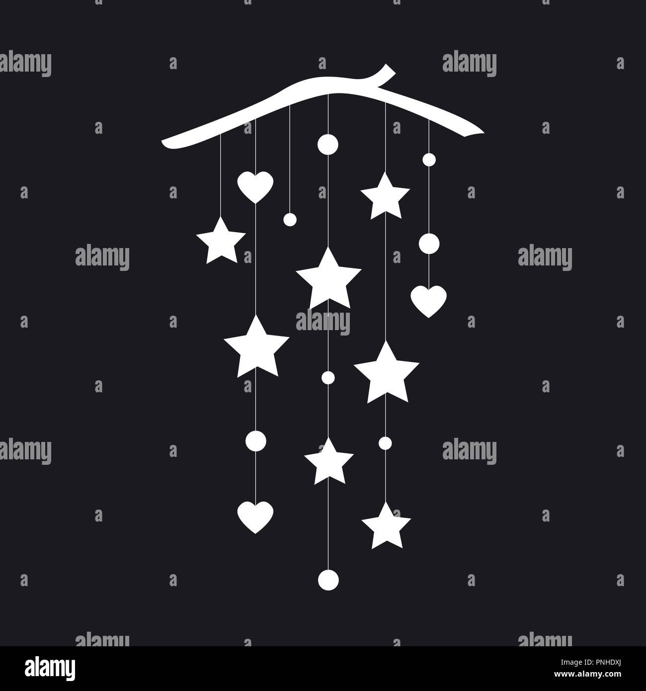 Simple and elegant wall hanging banner with stars, hearts, and circles. Everyday or Christmas decor. Cute interior decor from branch, rope, wood or pa Stock Vector