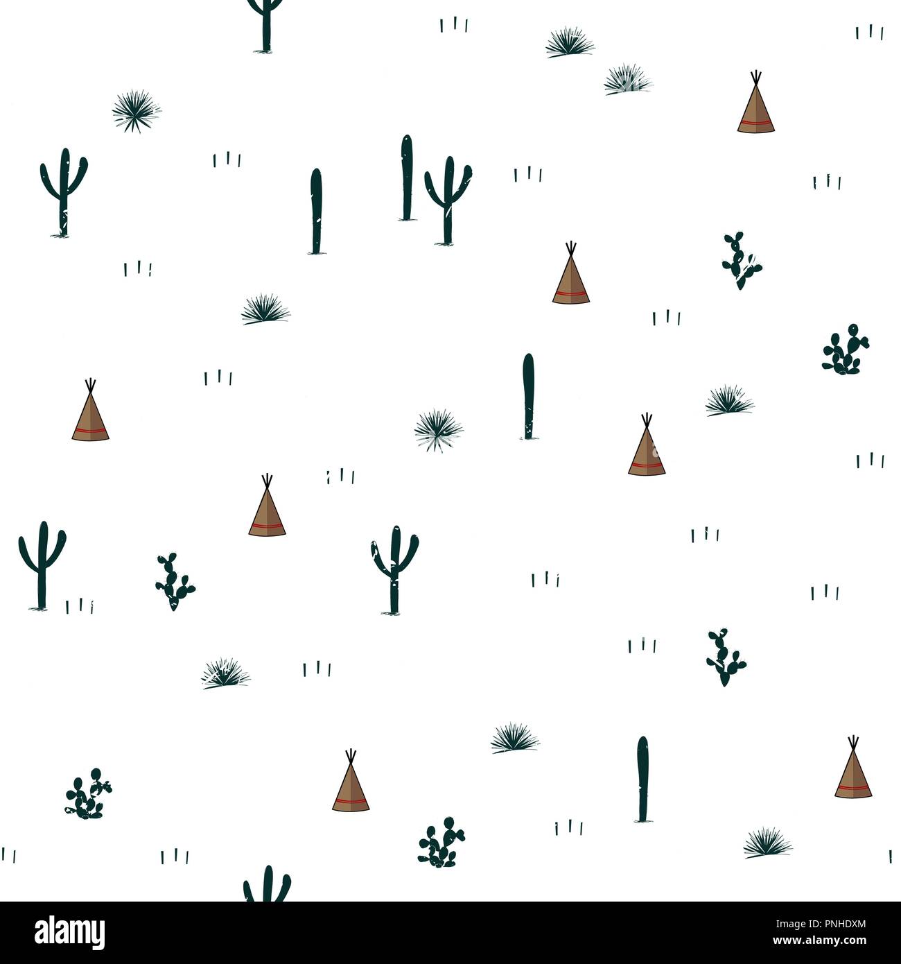 Seamless pattern with indian tents and cacti. Saguaro, opuntia, and wigwames. Vector illustration. Cute design for textile, clothing, wallpapers, and  Stock Vector