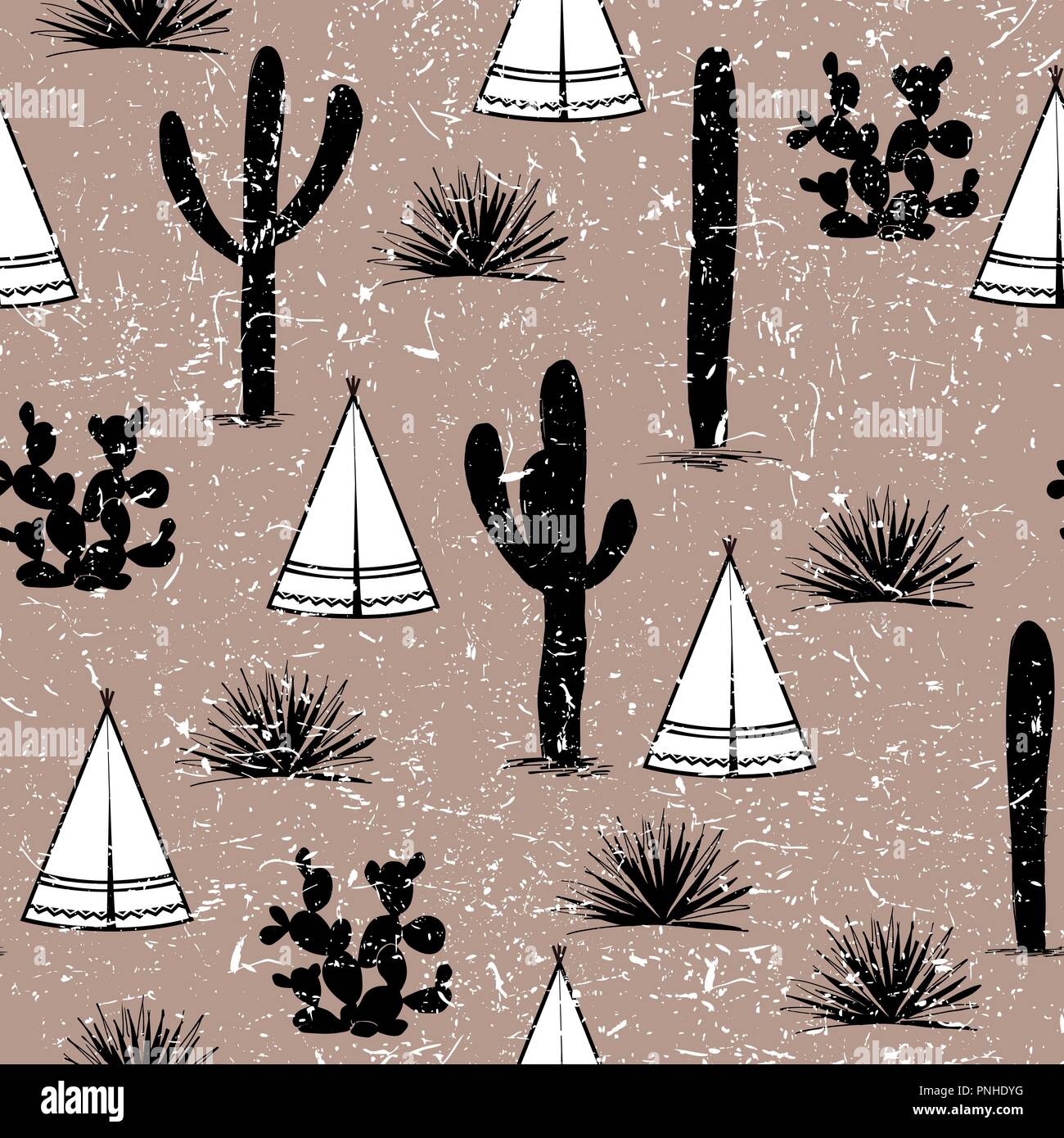 Indian tribal background. Simple flat wigwam, cactus, and grass. Seamless pattern landscape. Minimalist design. Cartoon illustration, vector. Vintage  Stock Vector