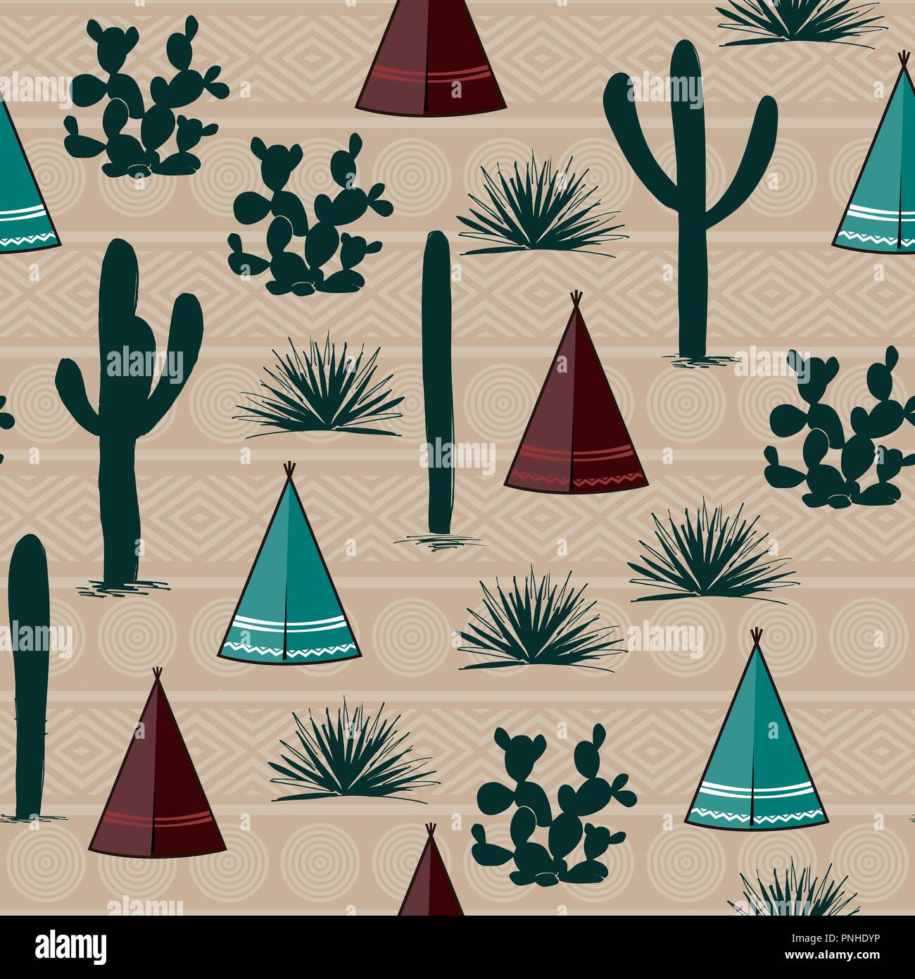 Indian tribal background. Simple flat wigwam, cactus, and grass. Seamless pattern landscape. Minimalist design. Cartoon illustration, vector Stock Vector