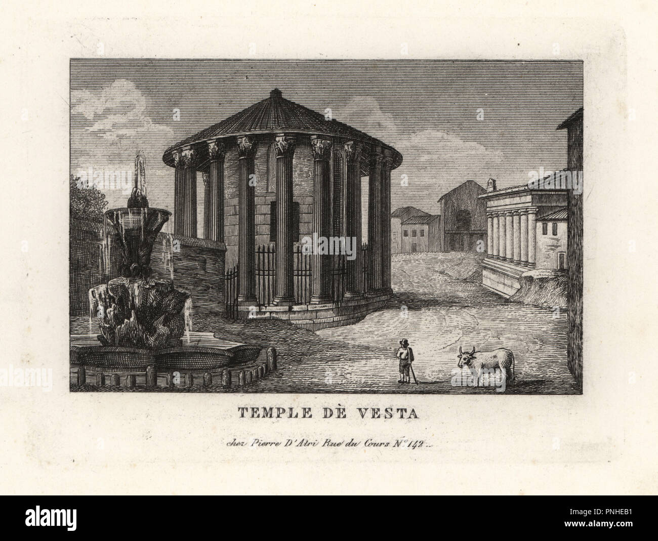 View of the Temple of Vesta, Rome, 1849. Copperplate engraving from Pietro Datri's New Collection of Principal Views of Rome Ancient and Modern with the ruins of war, Rome, 1849. Stock Photo