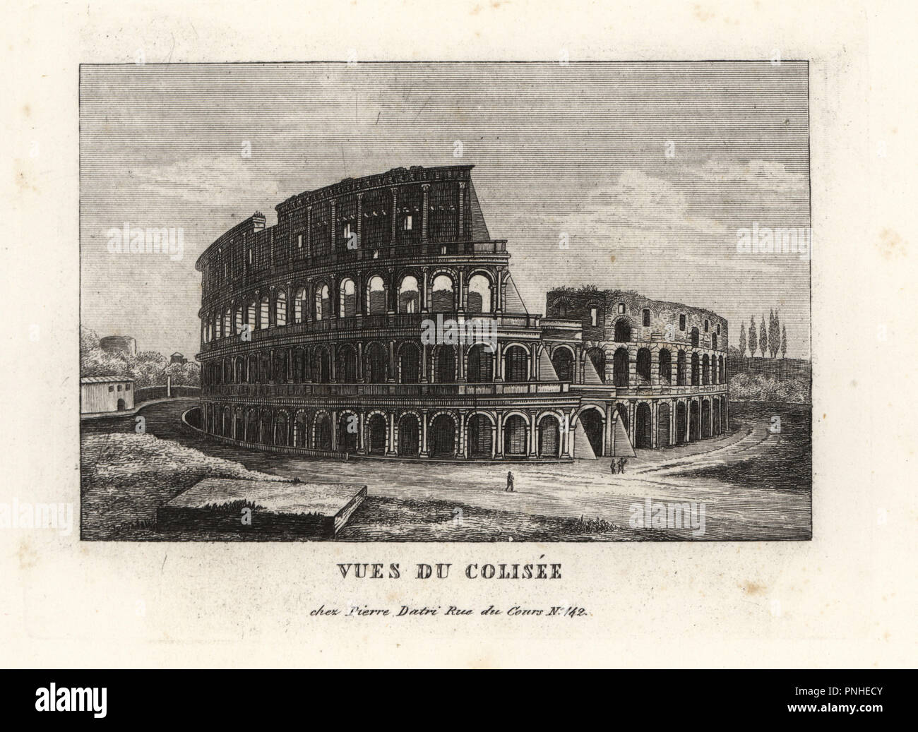 View of the ruins of the Colosseum, Amphitheatrum Flavium, Rome. Copperplate engraving from Pietro Datri's New Collection of Principal Views of Rome Ancient and Modern with the ruins of war, Rome, 1849. Stock Photo