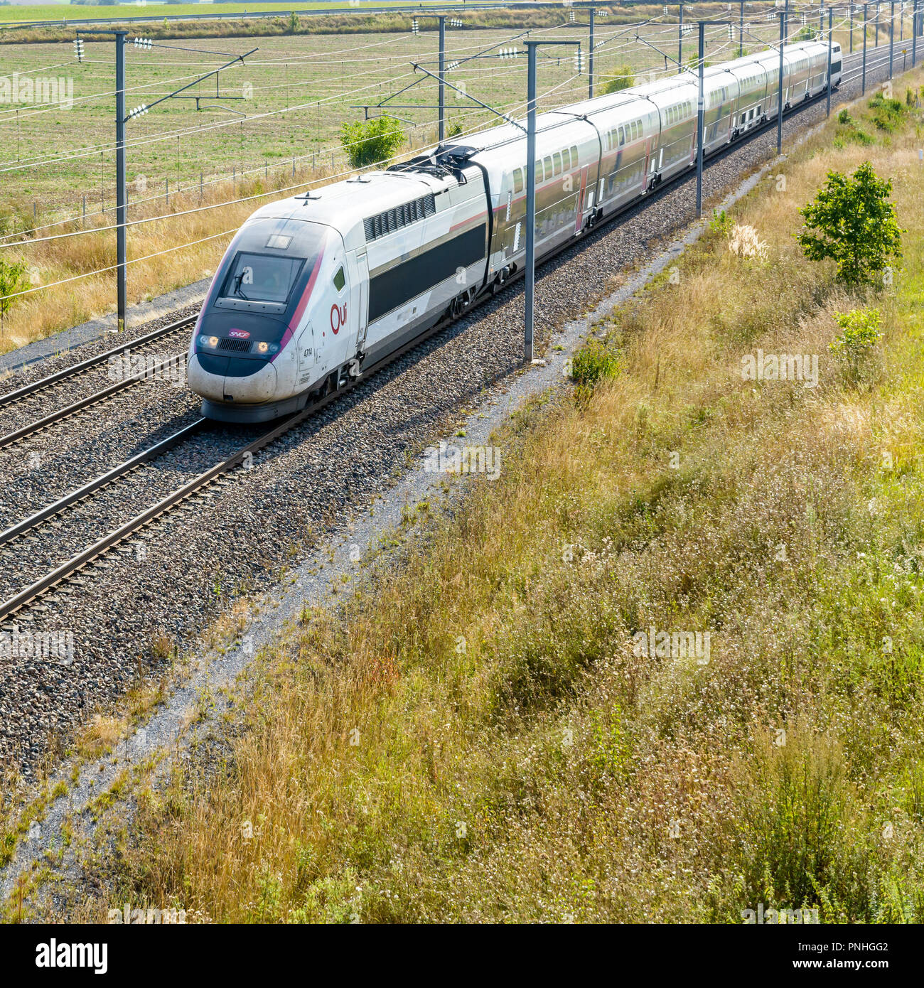 A TGV Duplex high speed train in Carmillon livery from french company SNCF  driving on the LGV Est, the East European high speed railway line Stock  Photo - Alamy