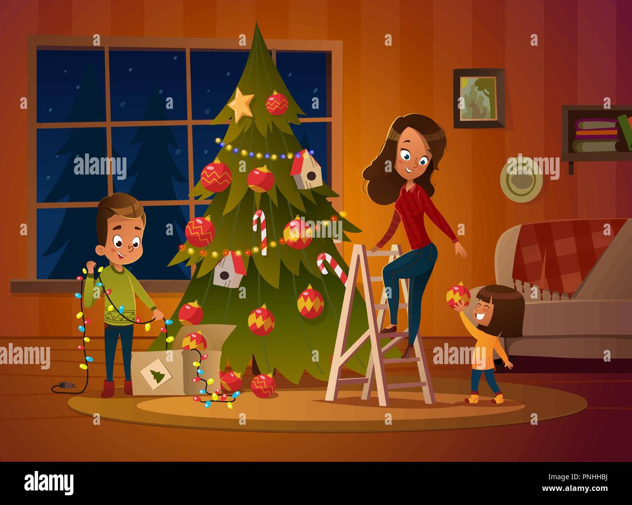 Happy family mom and two children dresses up Christmas tree. The boy unwinds the garland. Family in Christmas sweaters decorate the house for the holiday in a cozy winter evening. Vector illustration. Stock Vector