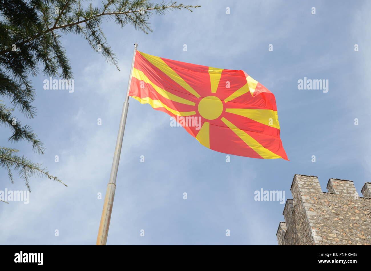 the macedonian flag flies over castle ohrid macedonia FYROM Stock Photo