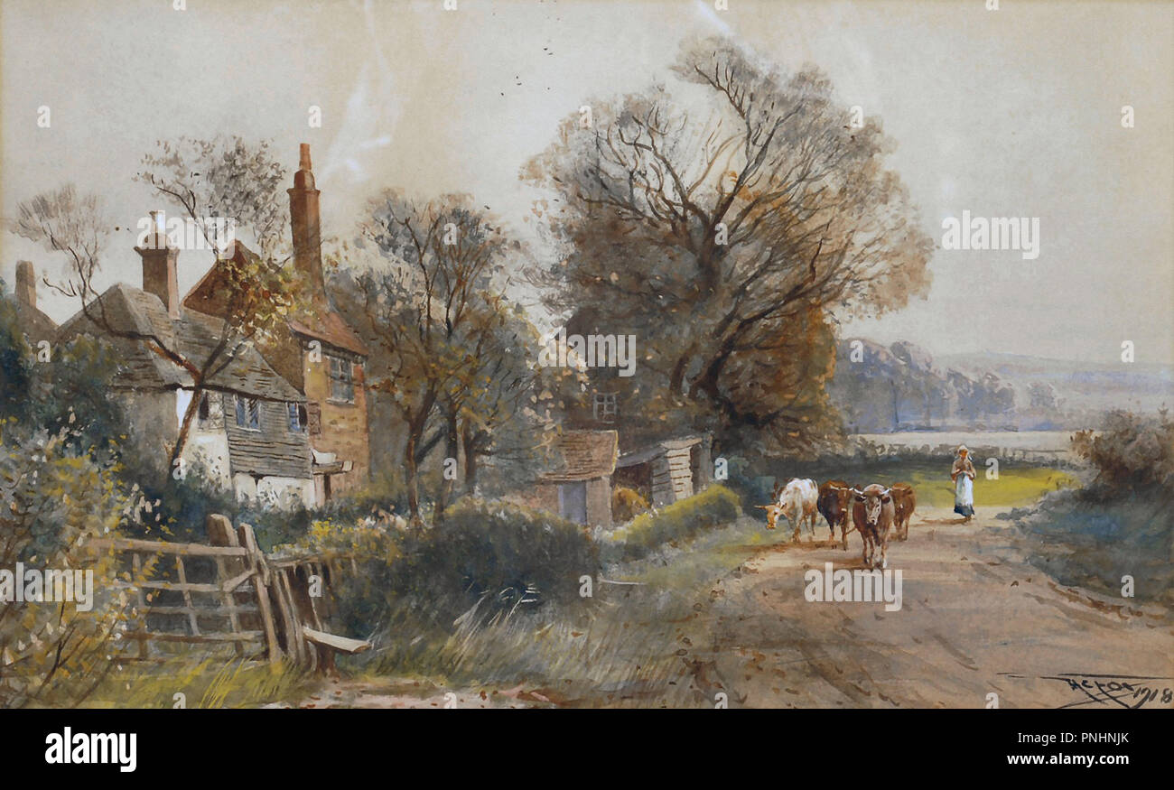 Fox  Henry Charles - Milkmaid and Cattle Passing a Cottage Stock Photo