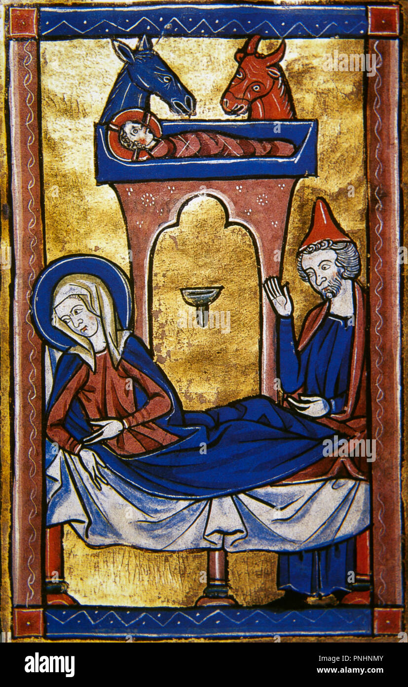 Nativity of Jesus. Holy Family (Infant Jesus, his mother, Mary, and her husband, Joseph who cares for his wife). Donkey and an ox are typically depicted in the scene.  Bethlehem. Miniature, 13th century. Conde Museum. Chateau of Chantilly. France. Stock Photo