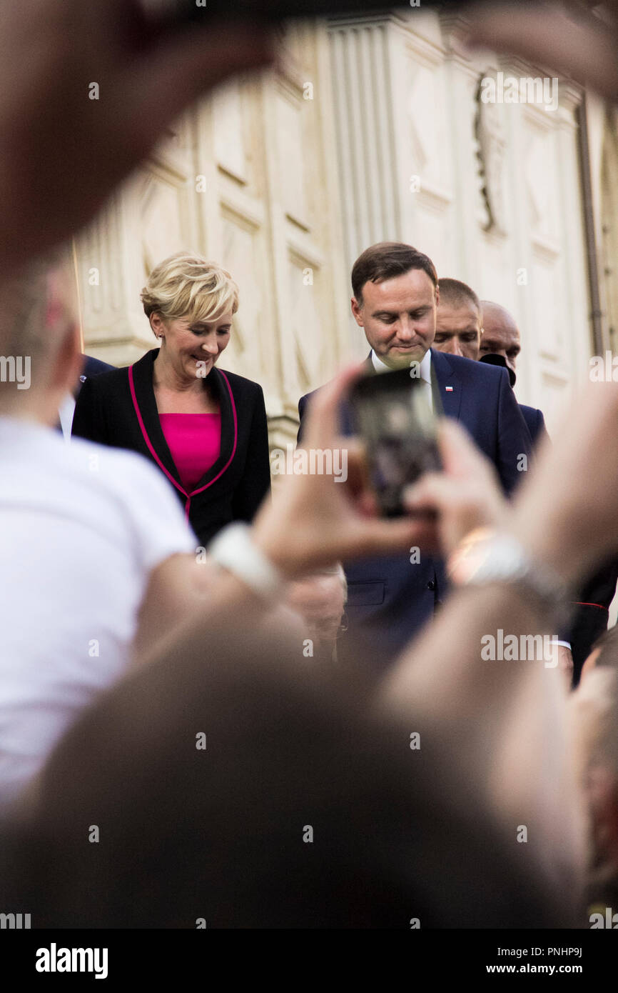 Polish President Andrzej Duda and First Lady Agata Kornhauser-Duda during a visit to Wawel. Cracow August 7, 2015. Stock Photo