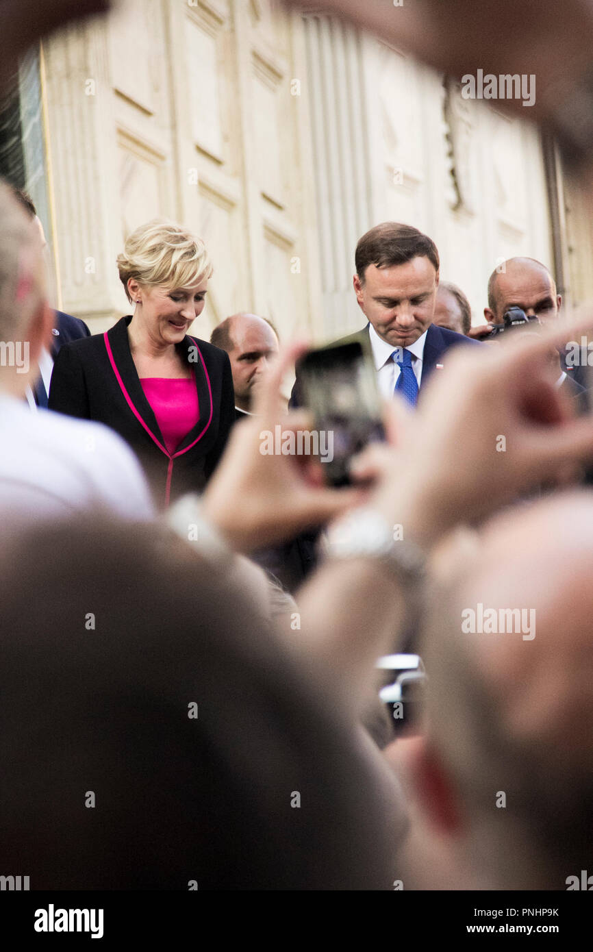 Polish President Andrzej Duda and First Lady Agata Kornhauser-Duda during a visit to Wawel. Cracow August 7, 2015. Stock Photo