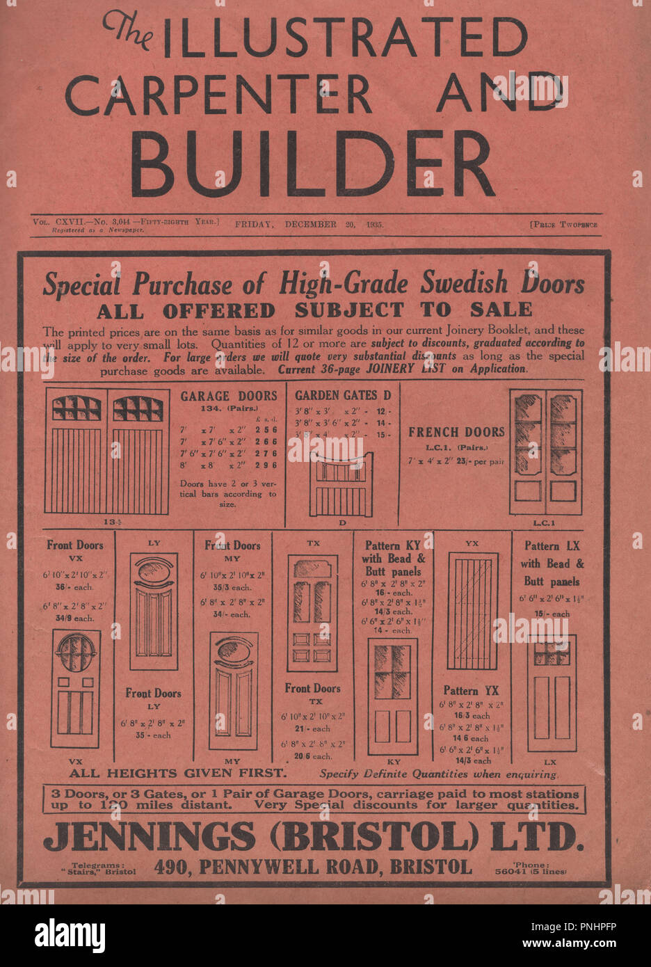 Vintage the Illustrated Carpenter and Builder magazine dated December 20th 1935 a popular weekly building trade magazine first published in 1877 and ran to 1971 Stock Photo