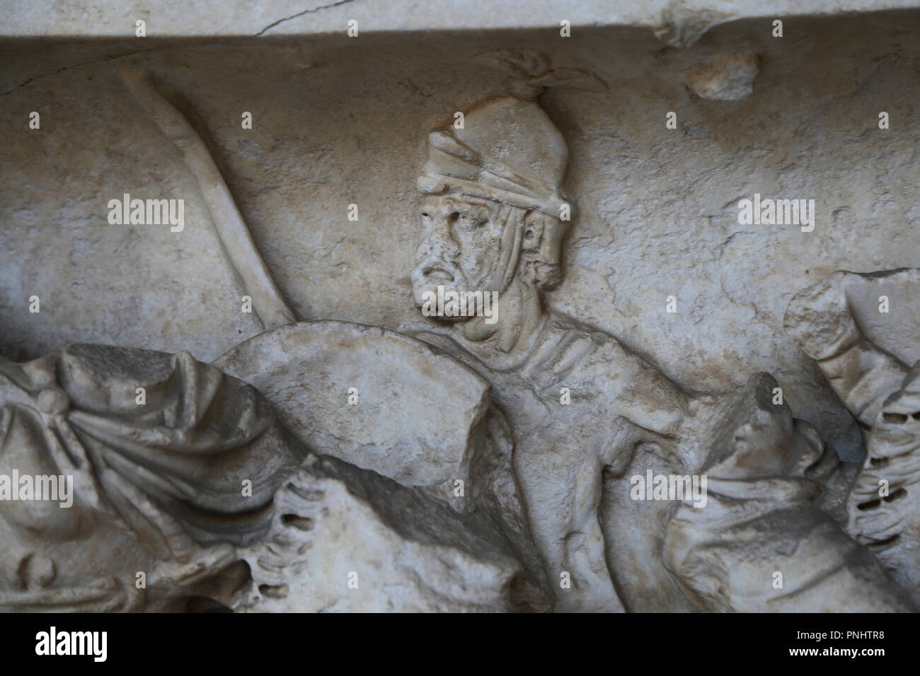 Italy. Pisa. Campo Santo. Stone sarcophagus. Relief of a roman soldier. Roman imperial era. Stock Photo