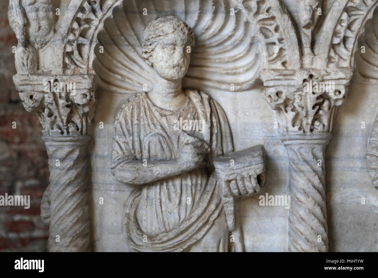 Italy. Pisa. Campo Santo. Roman sarcophagus. Calliope writing tablet. Muse of epic poetry. 3rd century. Tuscany region. Stock Photo