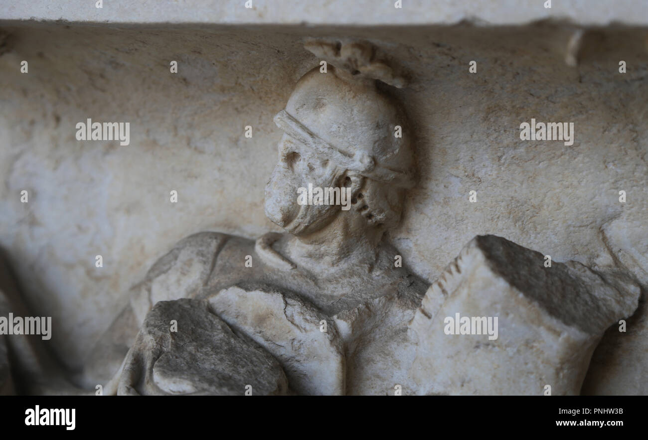 Italy. Pisa. Campo Santo. Stone sarcophagus. Relief of a roman soldier. Roman imperial era. Stock Photo