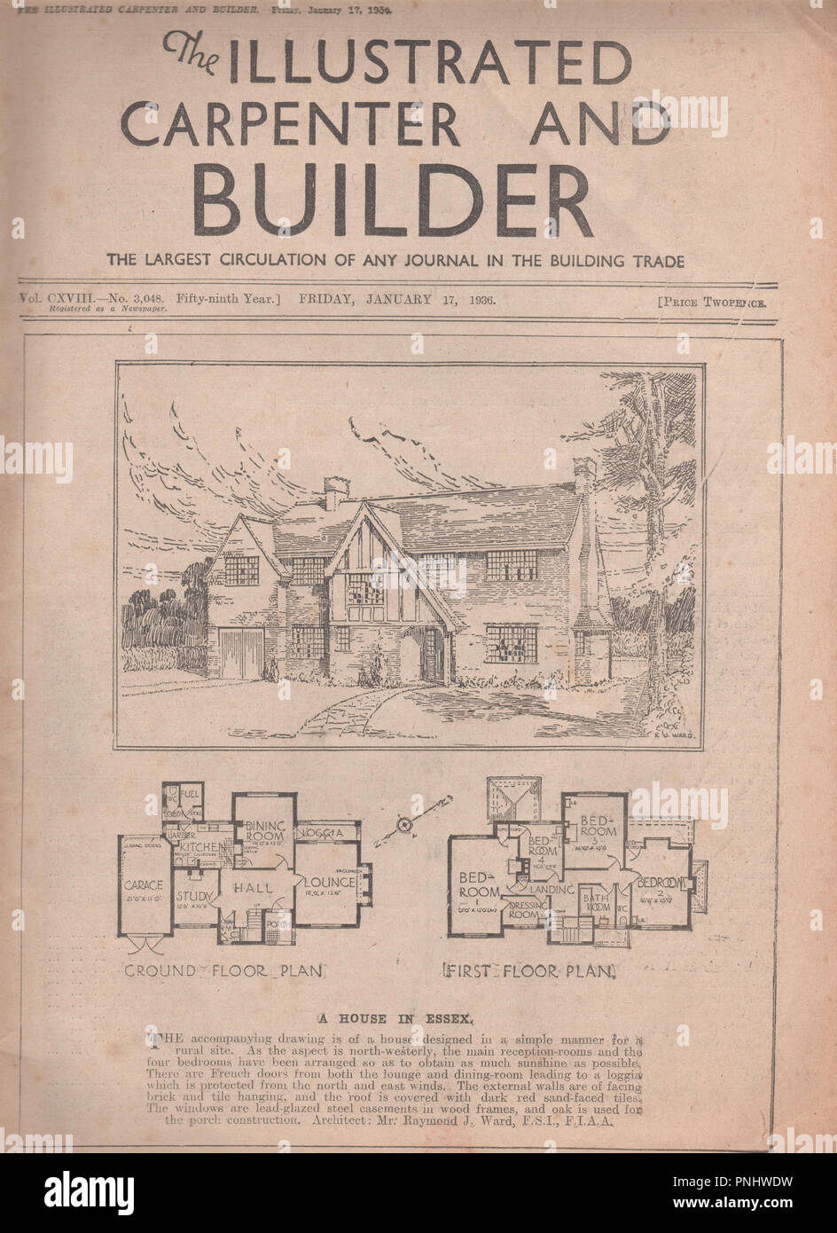 Vintage the Illustrated Carpenter and Builder magazine dated January 17th 1936 a popular weekly building trade magazine first published in 1877 and ran to 1971.  The illustration shows a mock tudor home in Essex from the mid 1930s together with floor plans by architect Raymond J. Ward Stock Photo