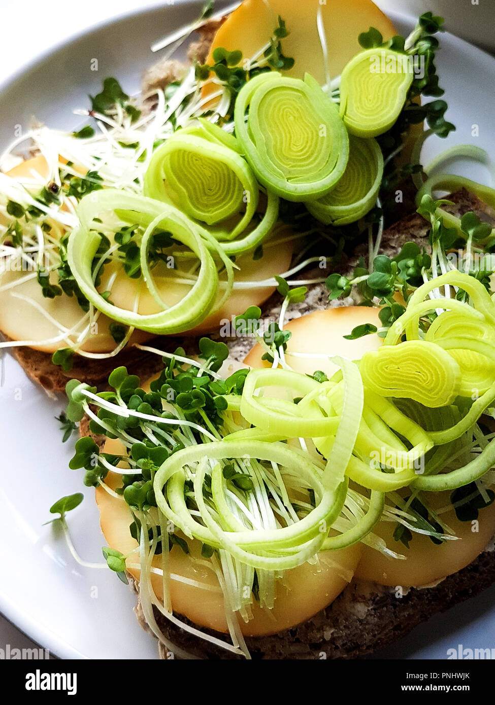Closeup Of Healthy Vegetarian Sandwich Made Of Whole Grain Bread Sheep Milk Cheese Leek Butter Shoots Sprouts On Gray White Plate Stock Photo Alamy