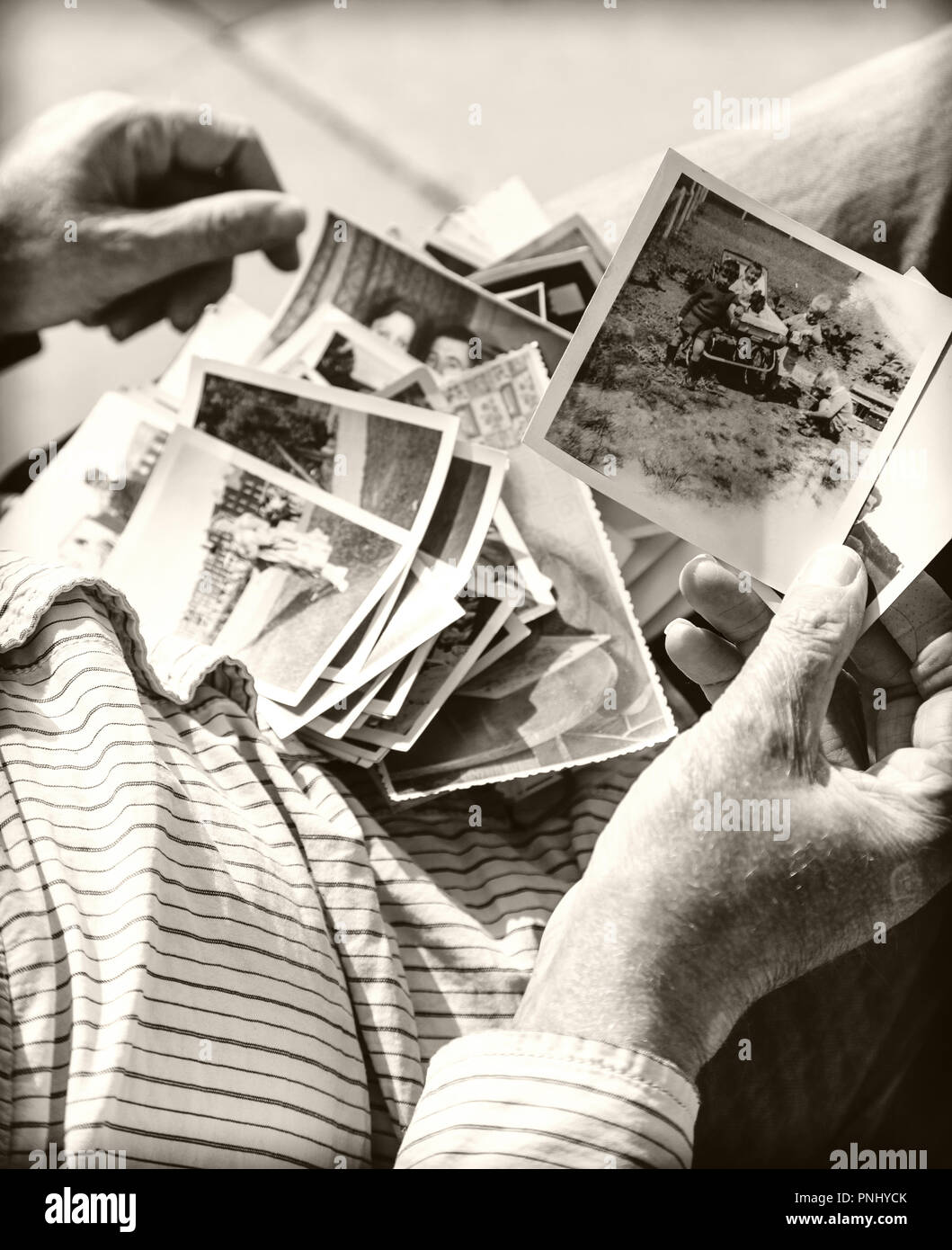 Looking back - No-one can take away your memories. Hands holding old photographs. Stock Photo