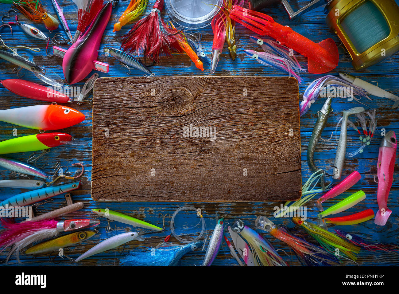 Fishing lures tackle collection for saltwater trolling and spinning angler Stock Photo