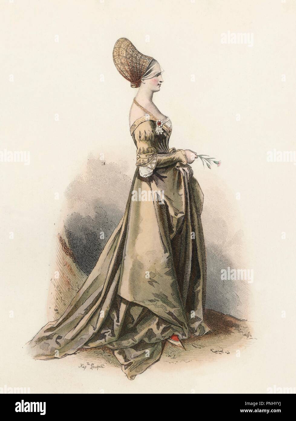 Dama de Nuremberg, en la Edad Moderna. Grabado en color de 1870. Stock Photo