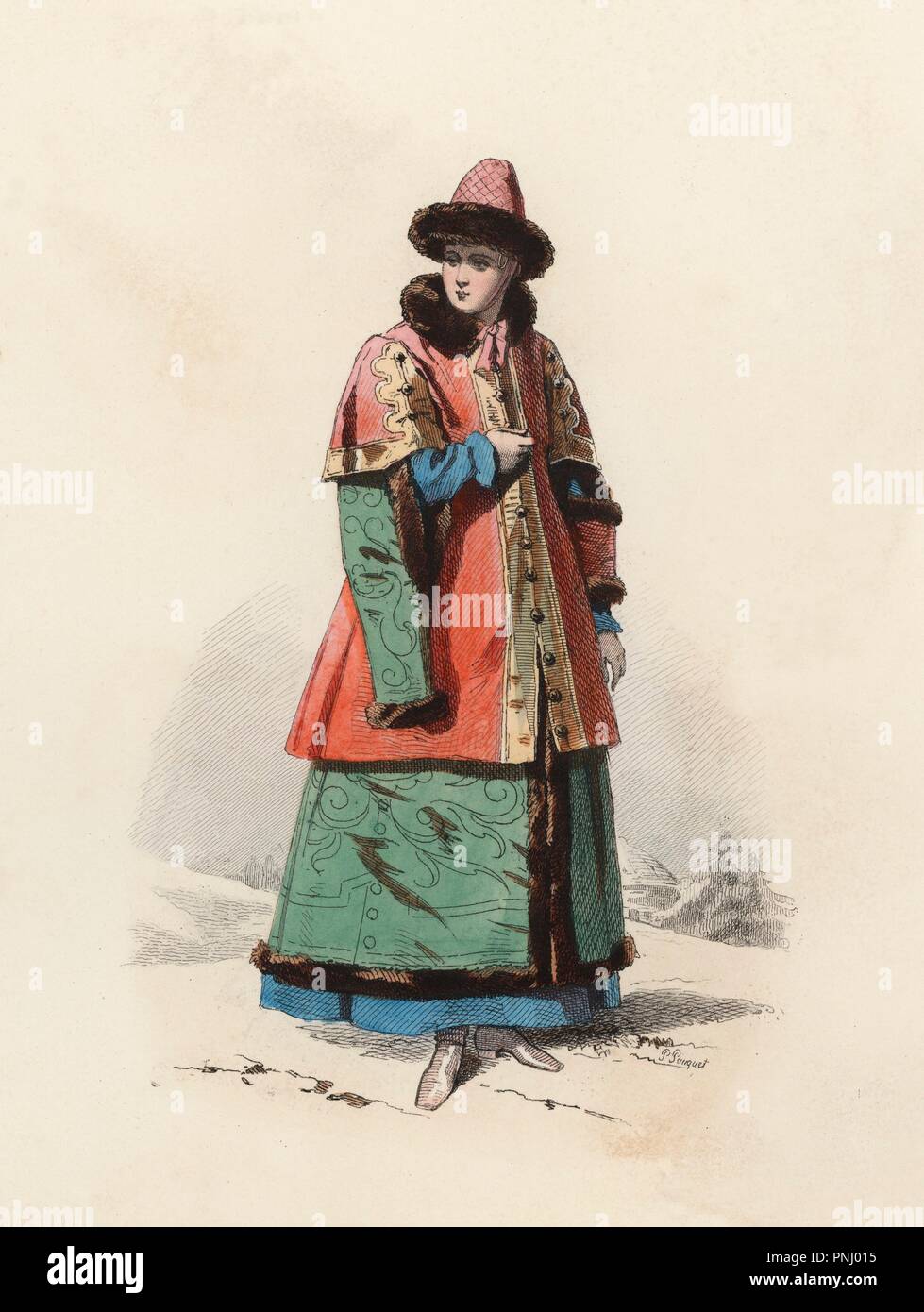 Hija del Boyardo Gran Duque de Moscú, en la Edad Moderna. Grabado en color de 1870. Stock Photo