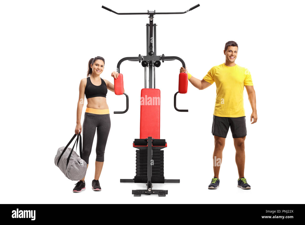 Full length portrait of a young man and woman with a multifunctional ...