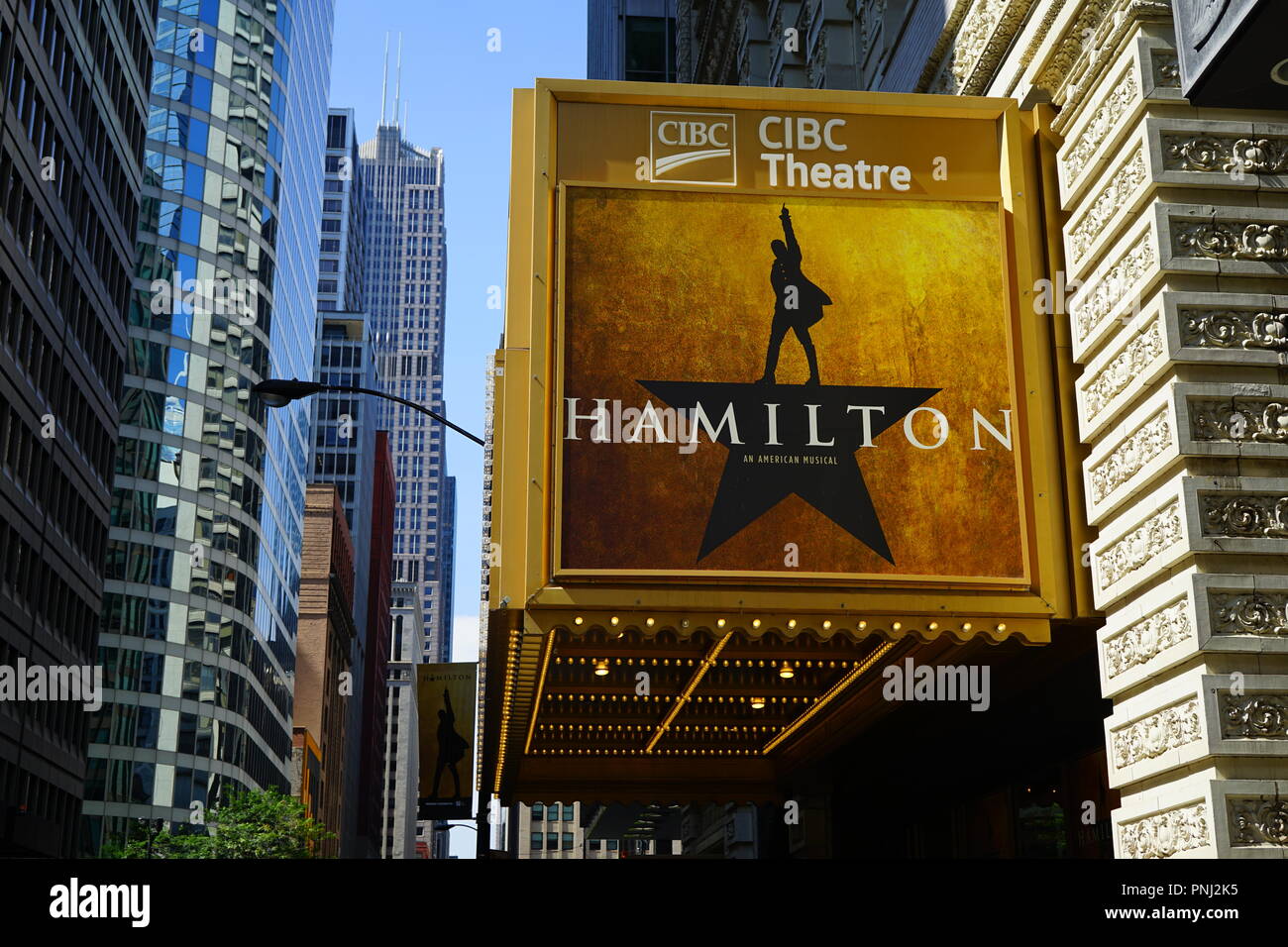 View of the CIBC Theatre in Chicago playing the musical Hamilton created by Lin Manuel Miranda Stock Photo